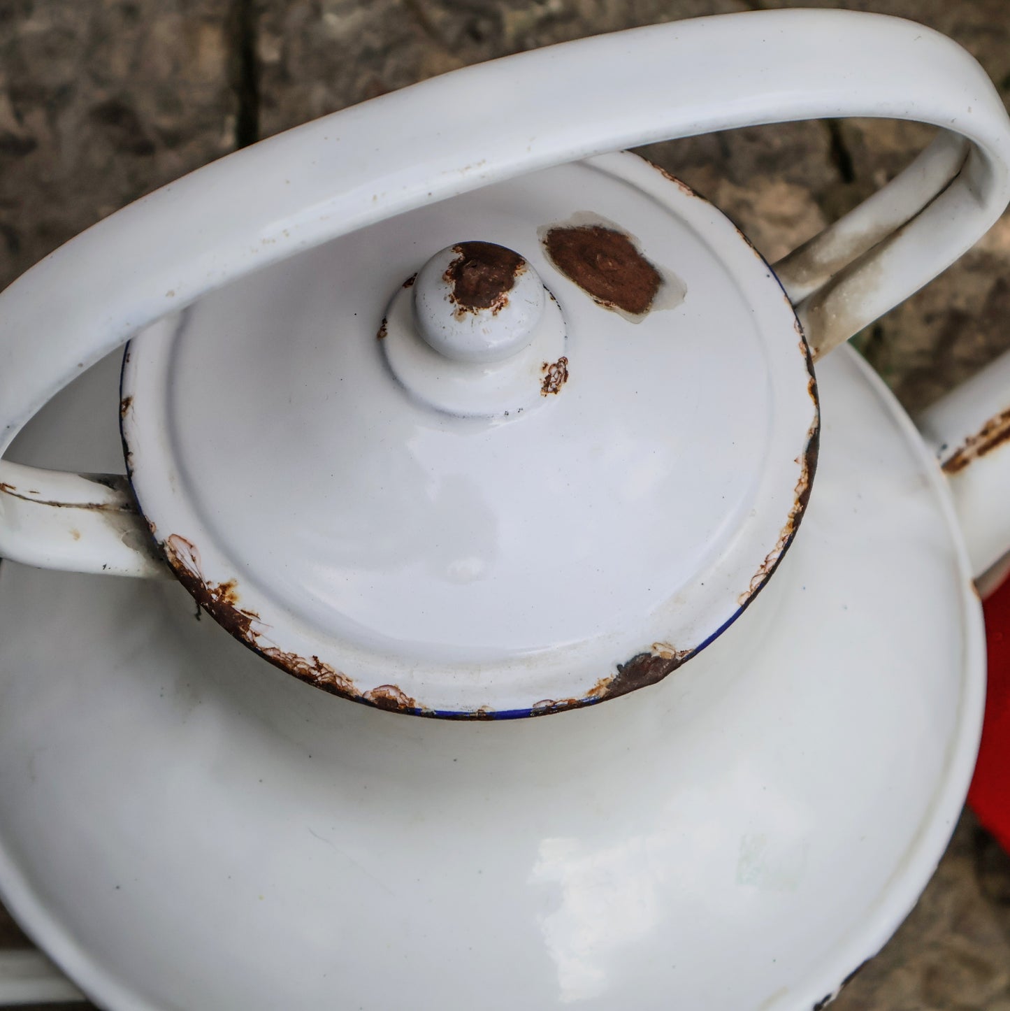 Rare Large French White Enamelware Watering Can