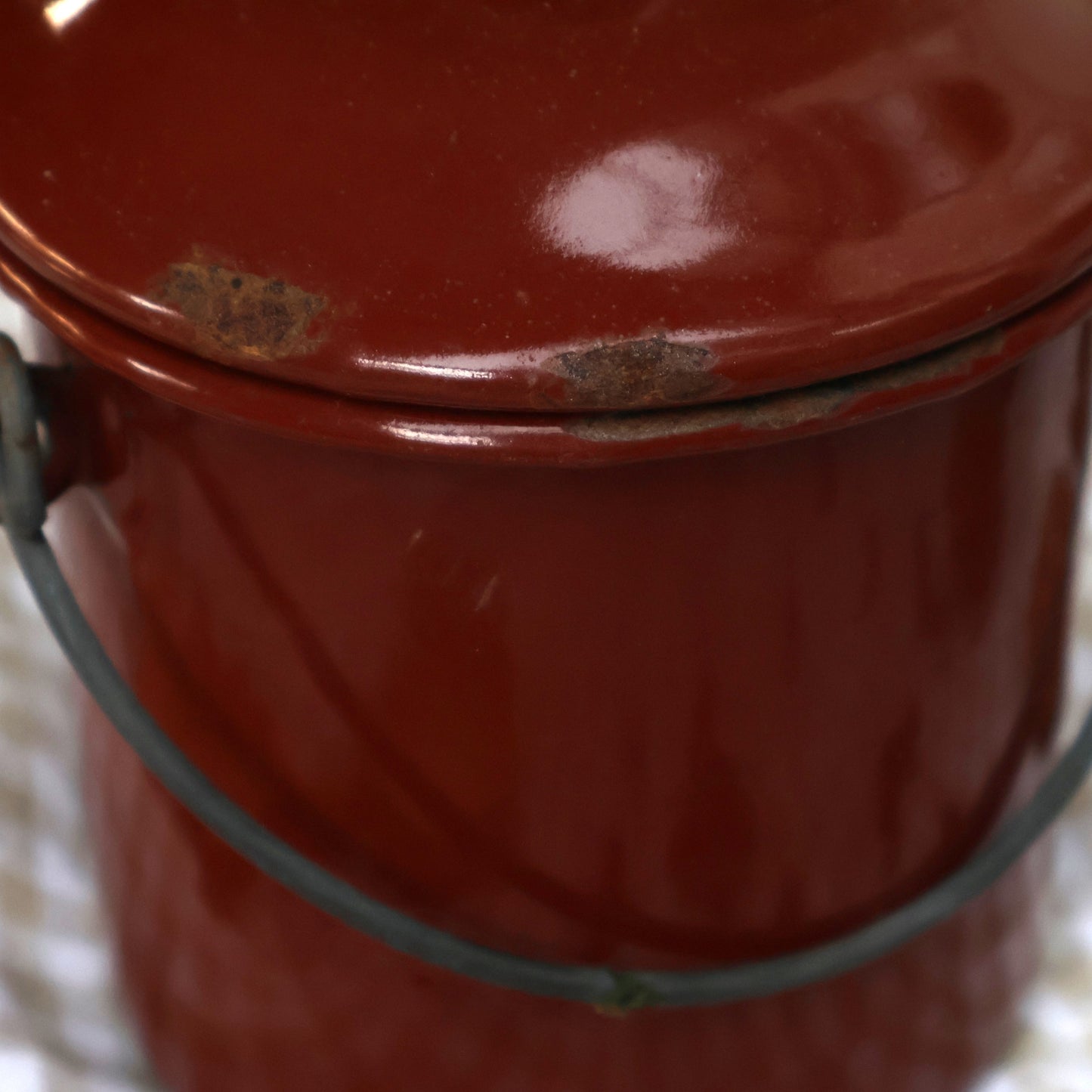 Vintage Deep Red Enamel Lidded Pot with Handle