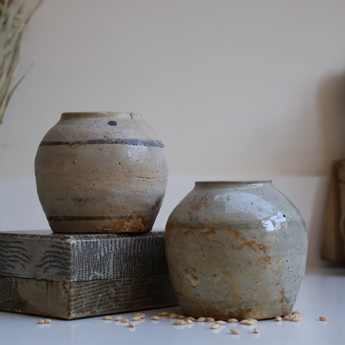 Pair of Rustic Small Ginger Jars with Banded Design