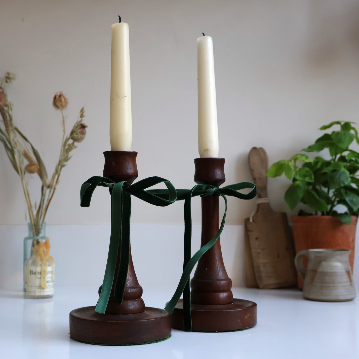 Pair of Dark Wood Candle Holders
