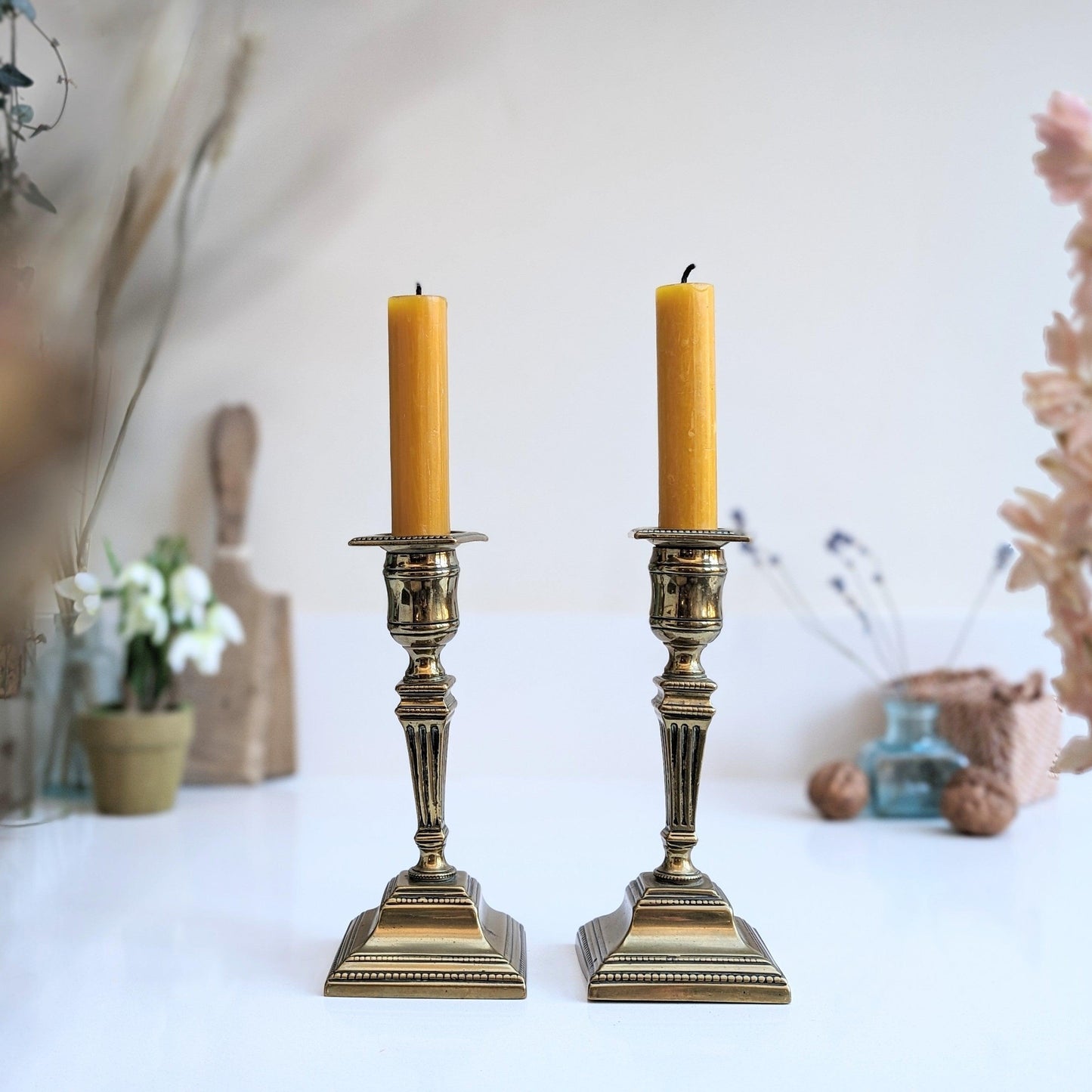 Square-base Brass Candlesticks (Pair)