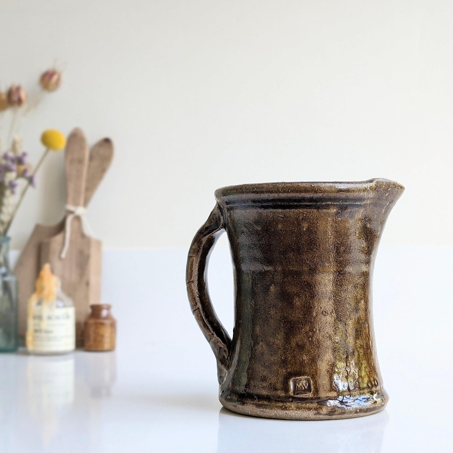 Brown Studio Pottery Jug with Decorative Handle