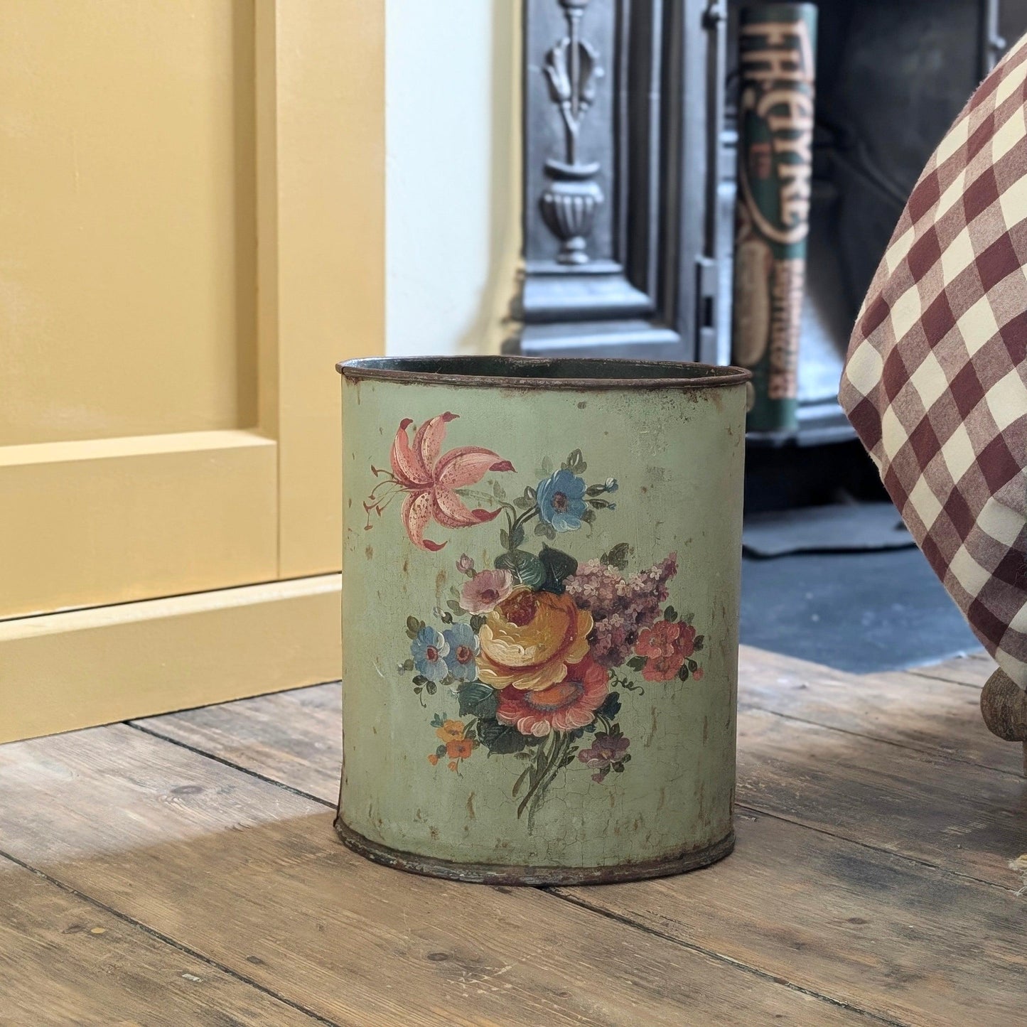 RESERVED Rare French Painted Toleware Paper Bin