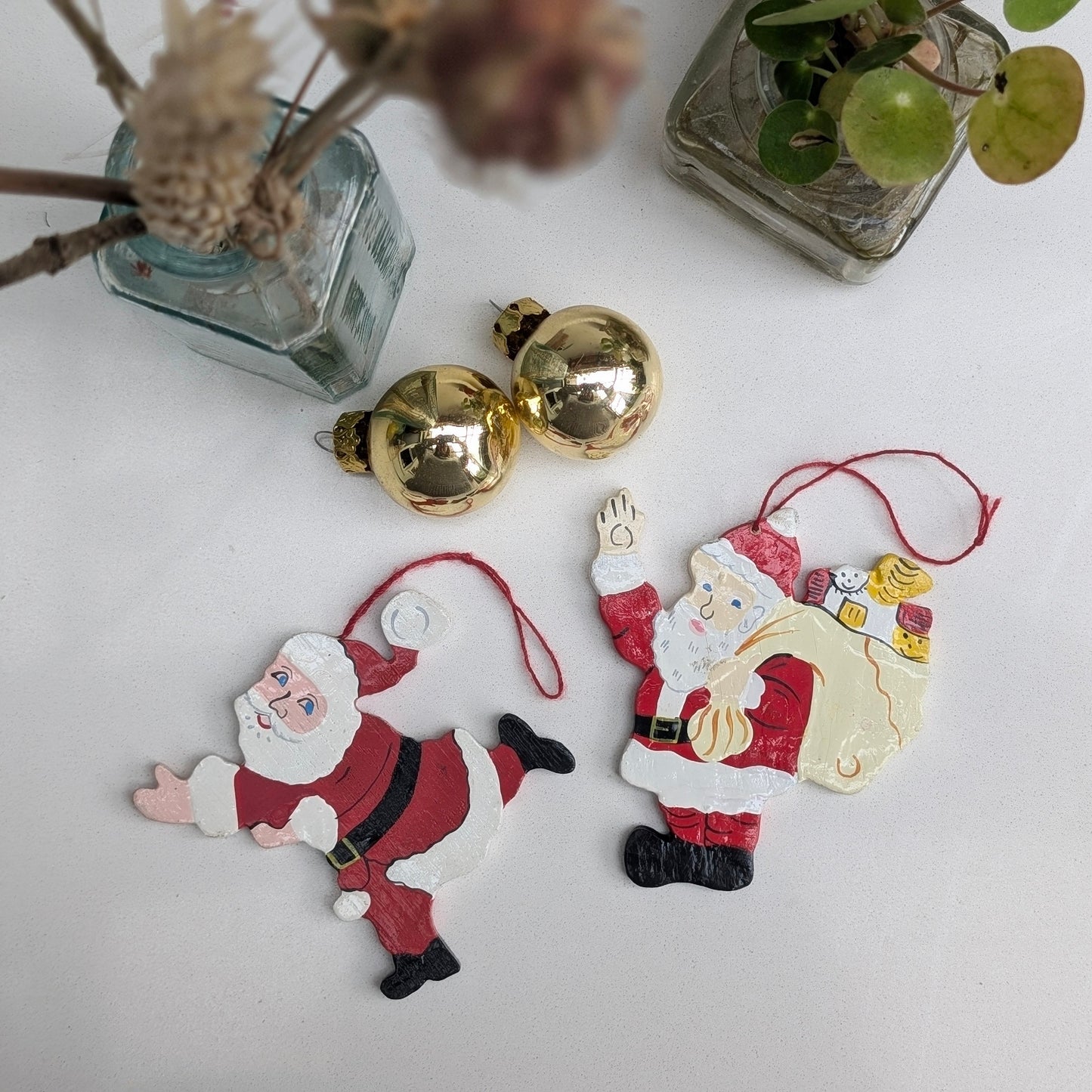 Pair of Hand Painted Wooden Cheerful Christmas Santas