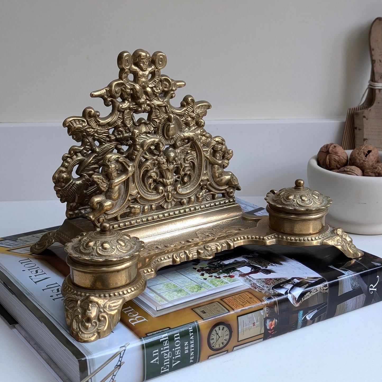 Stunning Large Brass Cherub Inkwell Letter Holder