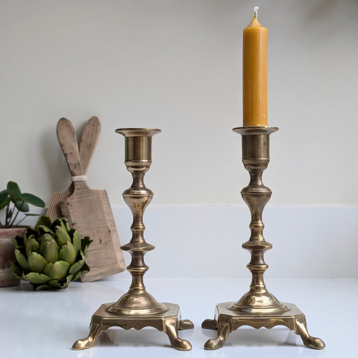 Brass Candlesticks with Feet (Pair)