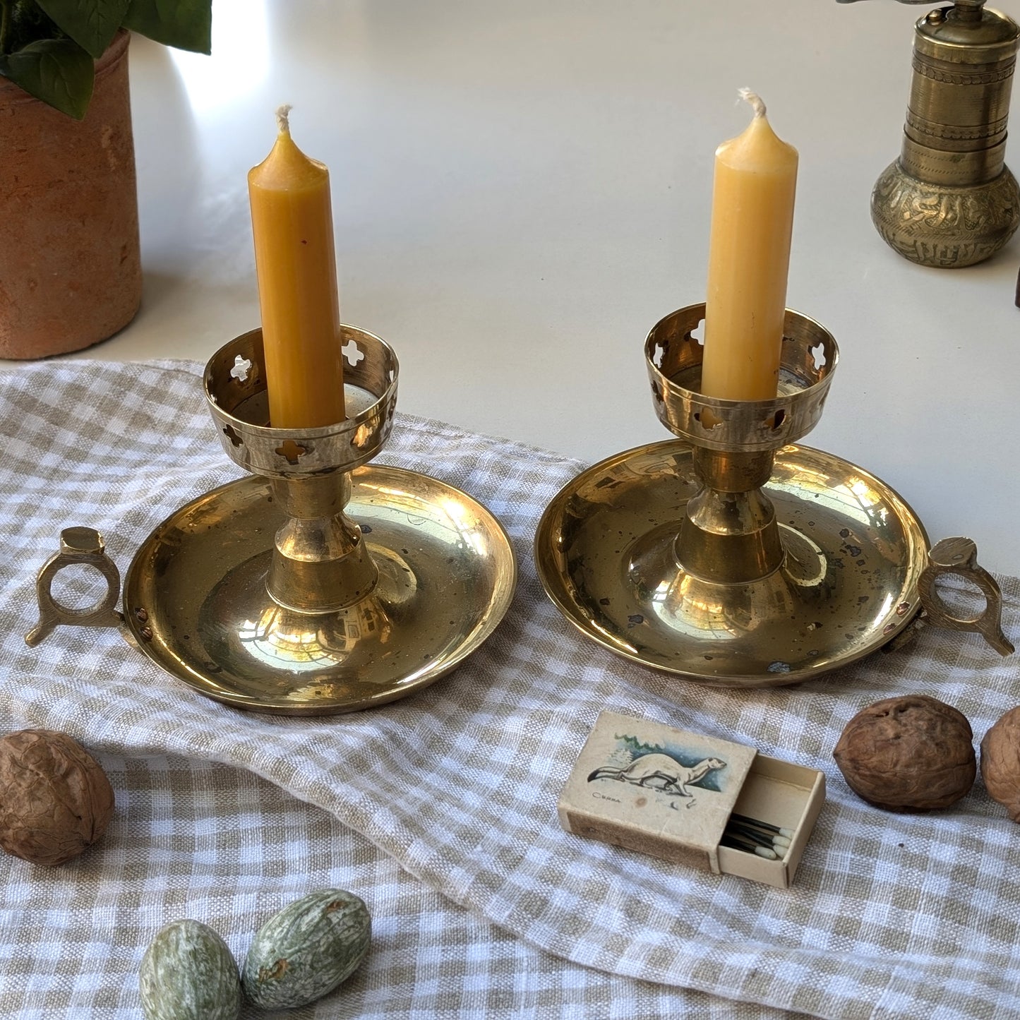 Pair of Brass Candleholders with Cross Detailing