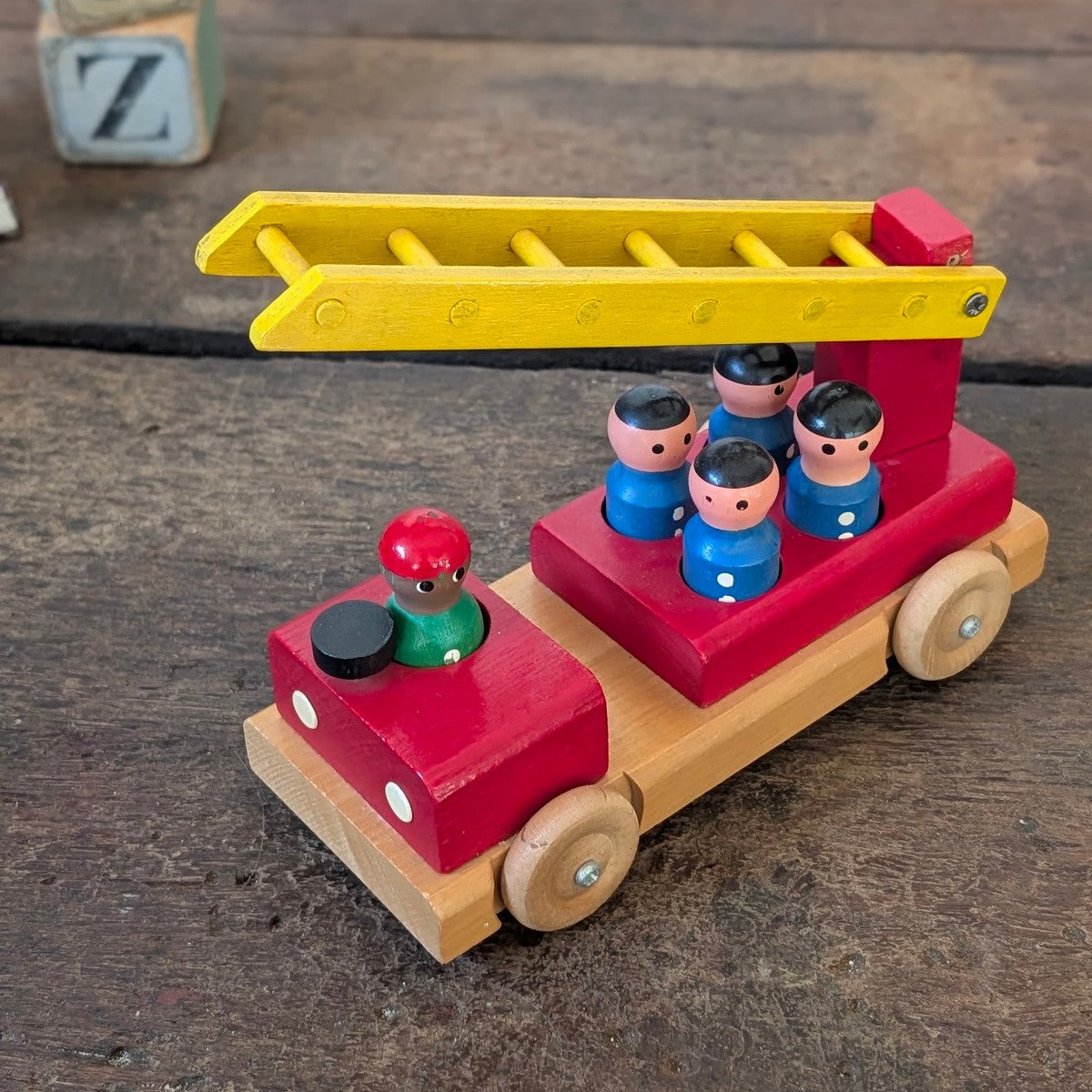 Vintage Wooden Toy Fire Engine with Figures