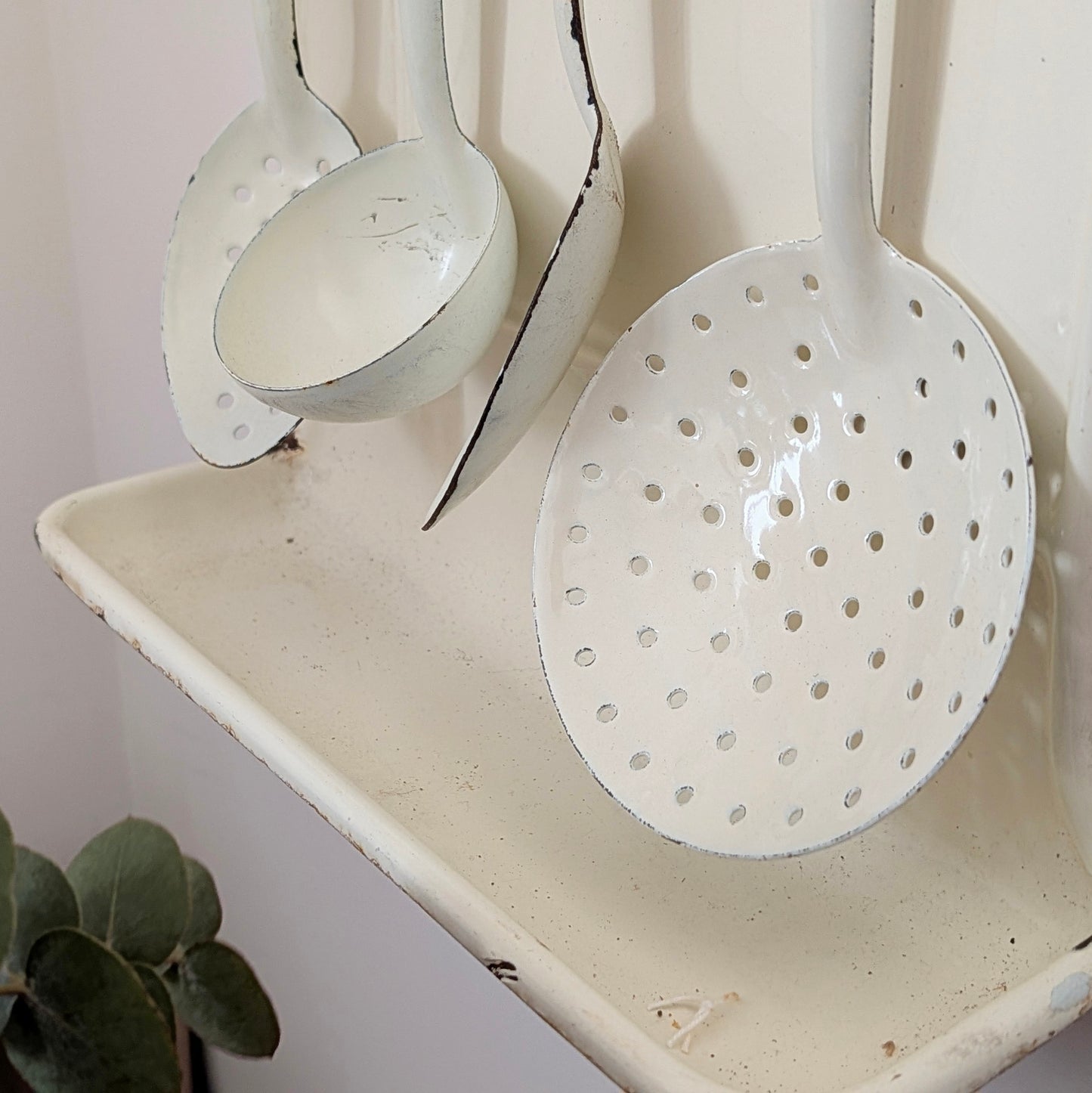 French Enamel Drip Rack and Utensils in Cream