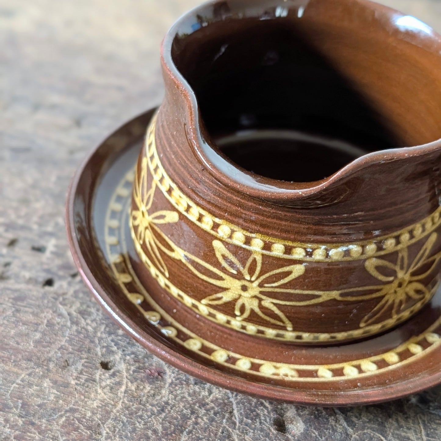 Brown Slipware Ceramic Sauce Pot and Saucer