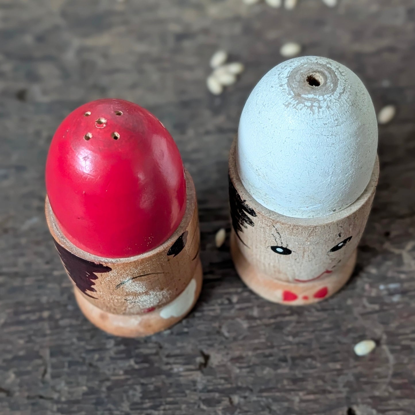 Vintage Wooden Salt and Pepper Face Pots