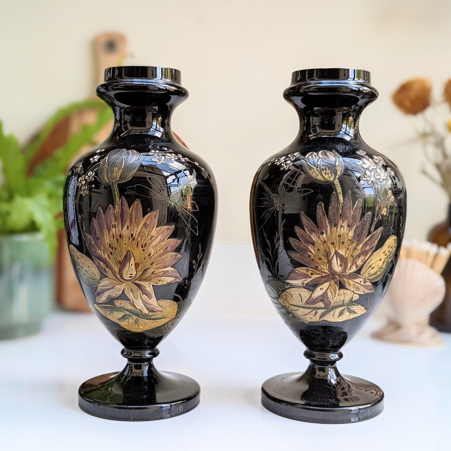 Bohemian Art Glass Dragonfly Vases (Pair)