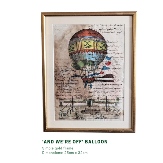 Framed Antique Pages - Sleek Gold "And We're Off" Air Balloon