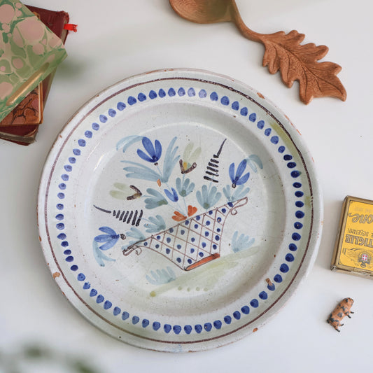 French Faience Plate - Rustic Flower Basket