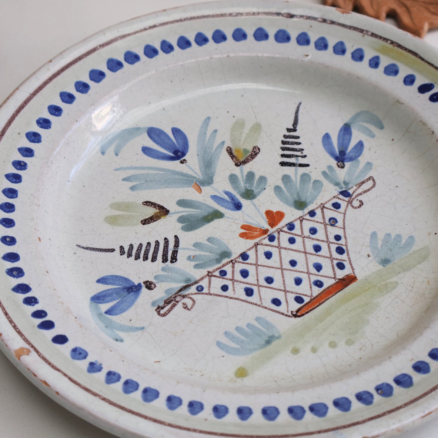 French Faience Plate - Rustic Flower Basket