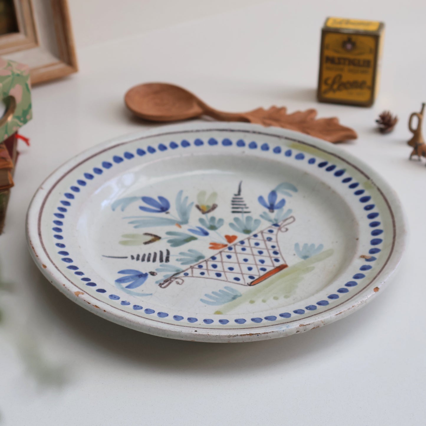 French Faience Plate - Rustic Flower Basket