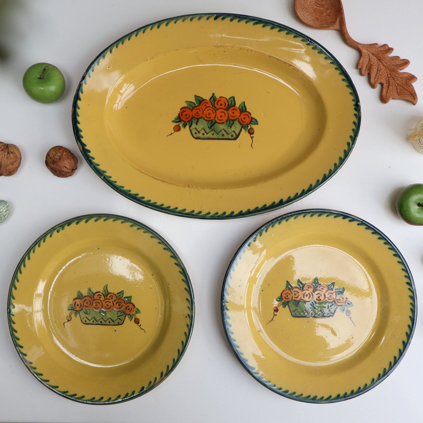 French Yellow Serving Platter and Pair of Plates