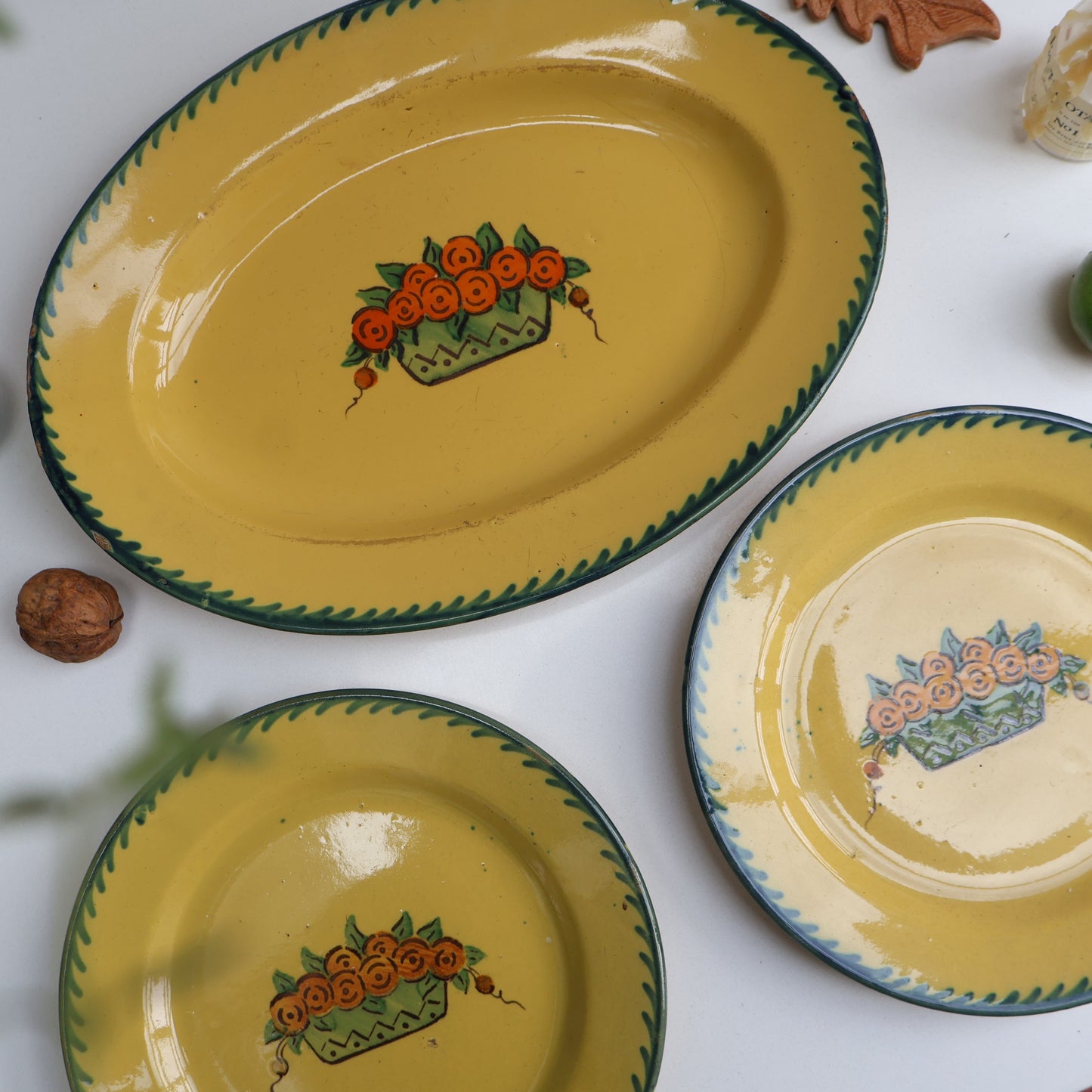 French Yellow Serving Platter and Pair of Plates