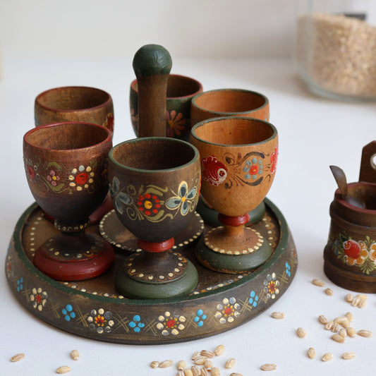 German Folk Art Wooden Egg Cups and Salt Pot