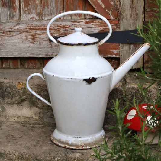 Rare Large French White Enamelware Watering Can