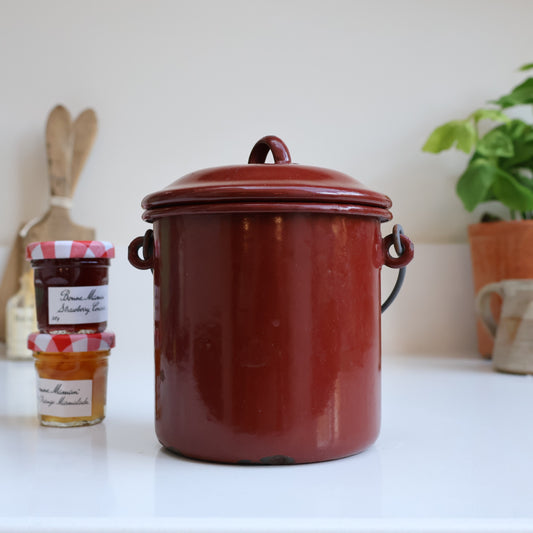 Vintage Deep Red Enamel Lidded Pot with Handle