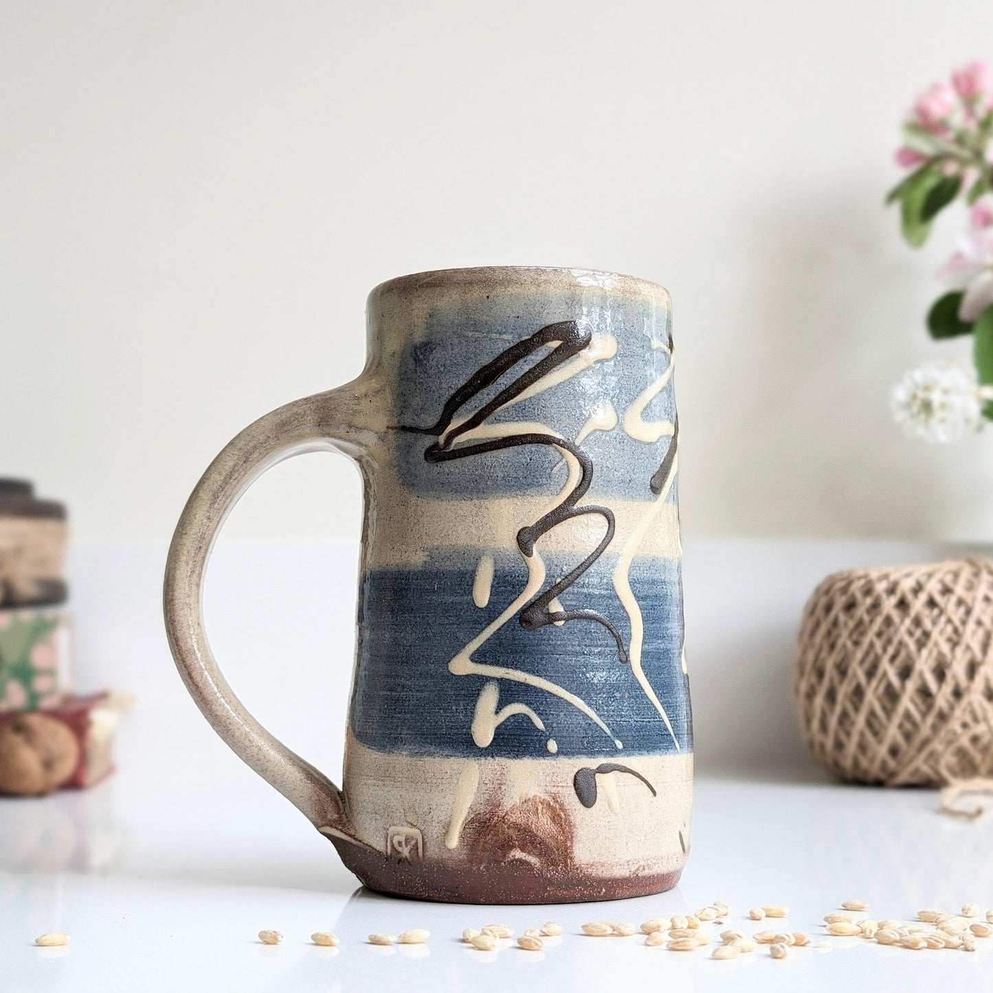 Blue and Cream Slipware Vase/Mug