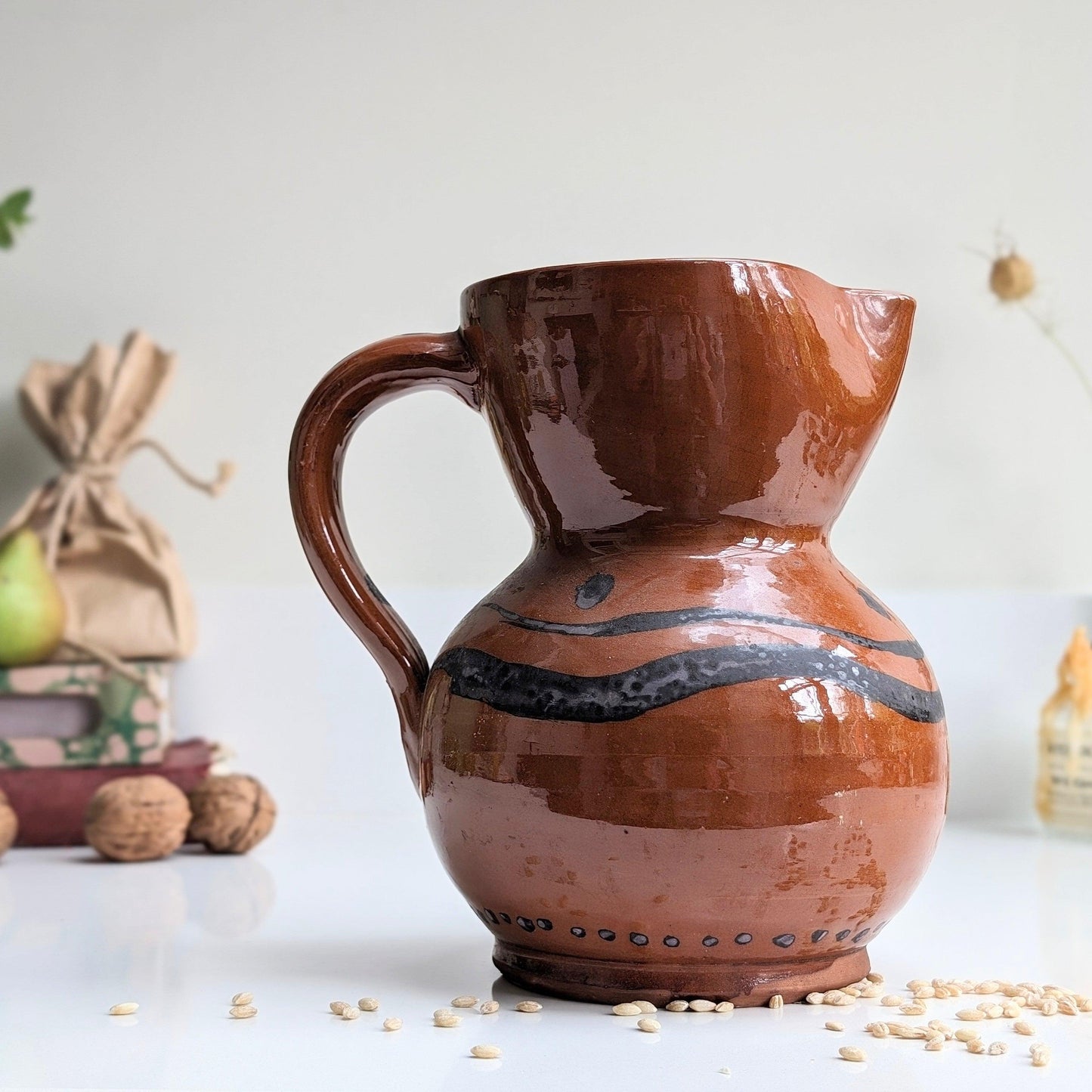 Slipware Terracotta and Black Jug (Large)