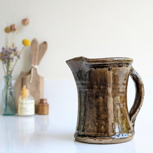 Brown Studio Pottery Jug with Decorative Handle