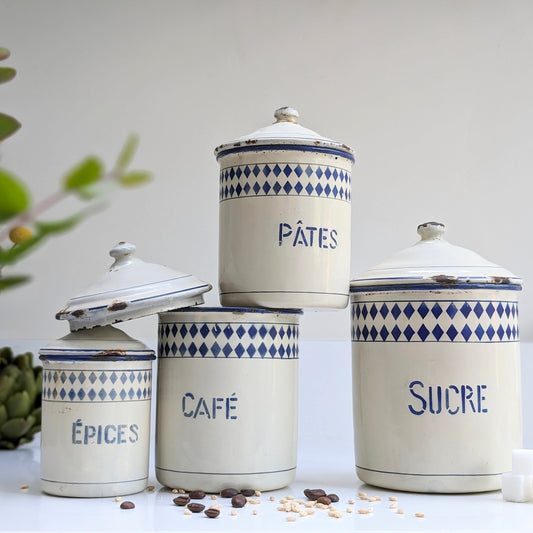 RESERVED Set of Four French Enamel Canisters