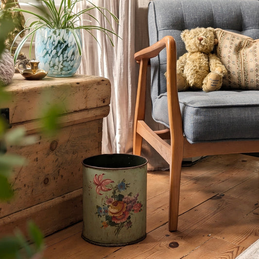 RESERVED Rare French Painted Toleware Paper Bin