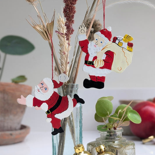 Pair of Hand Painted Wooden Cheerful Christmas Santas