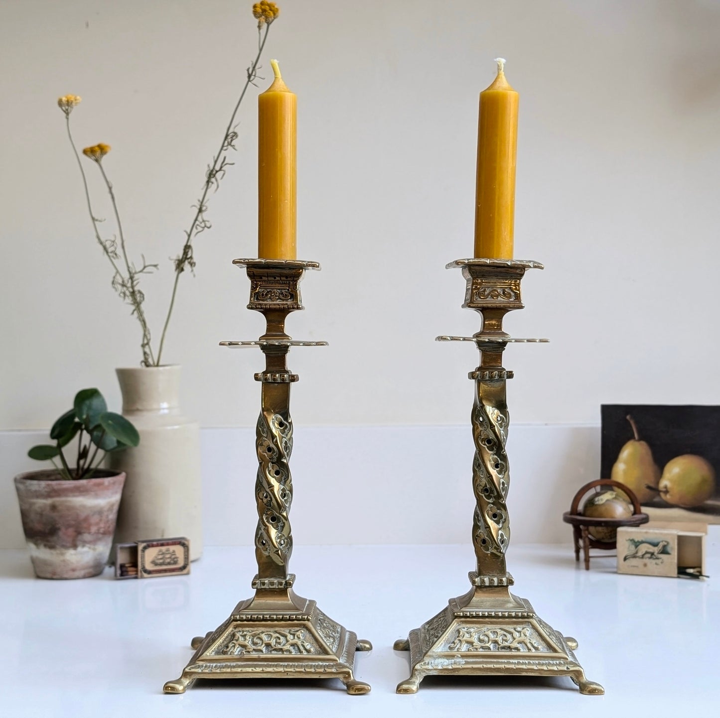 Brass Twist Stem Ornate Candlesticks (Pair)