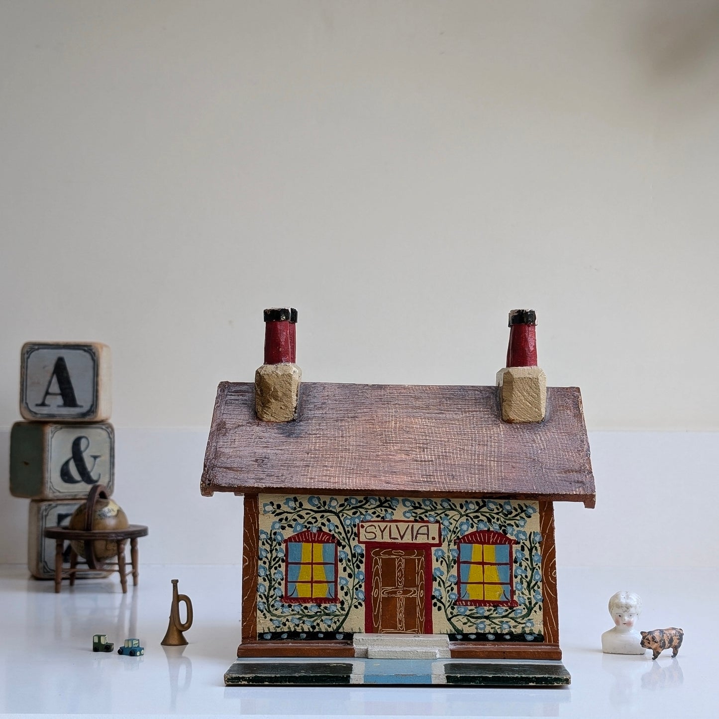 Hand-painted Wooden Folk Art Money Box House