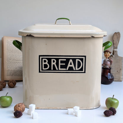 Cream Enamel Bread Bin with Green Handles