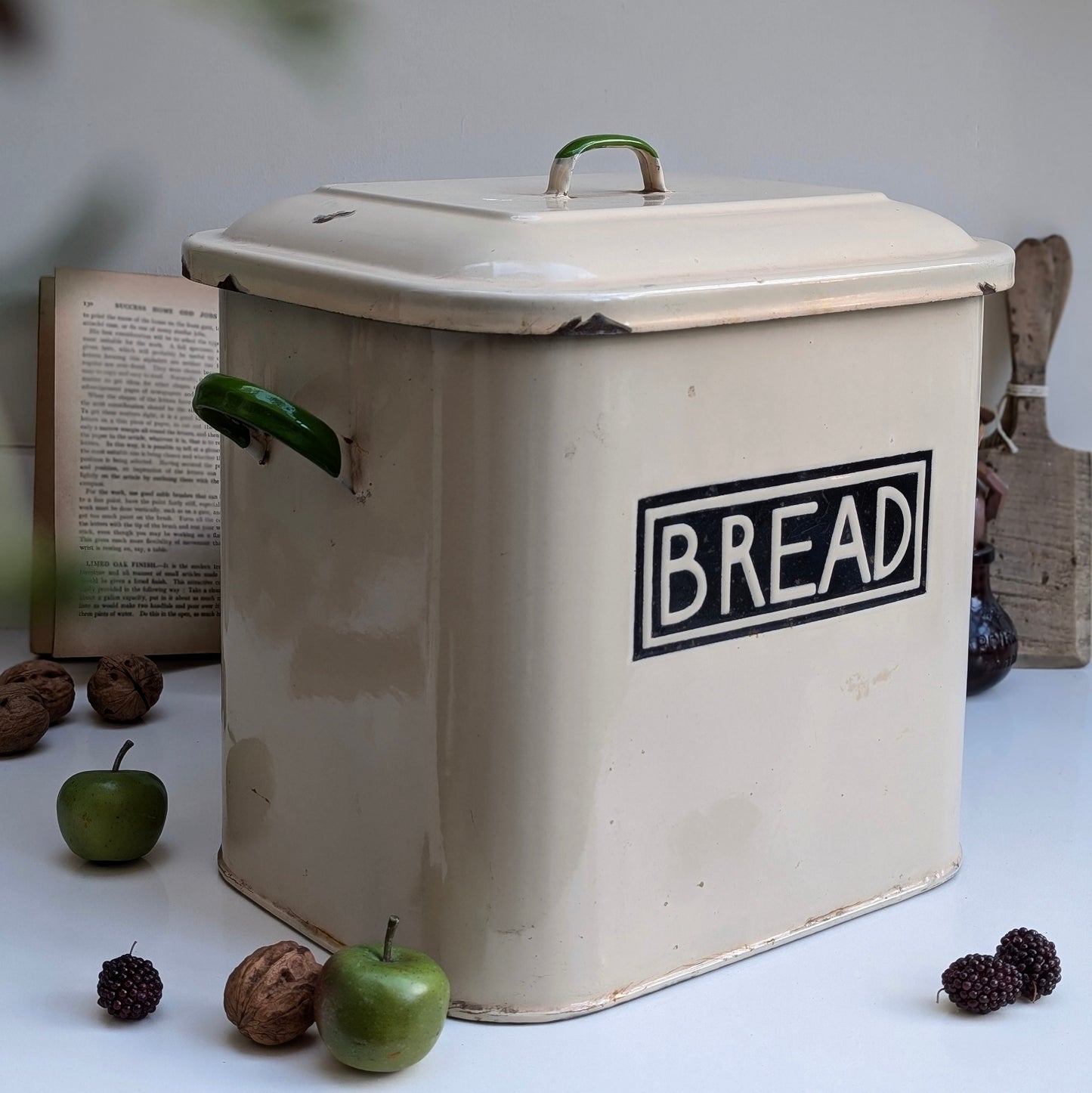 Cream Enamel Bread Bin with Green Handles