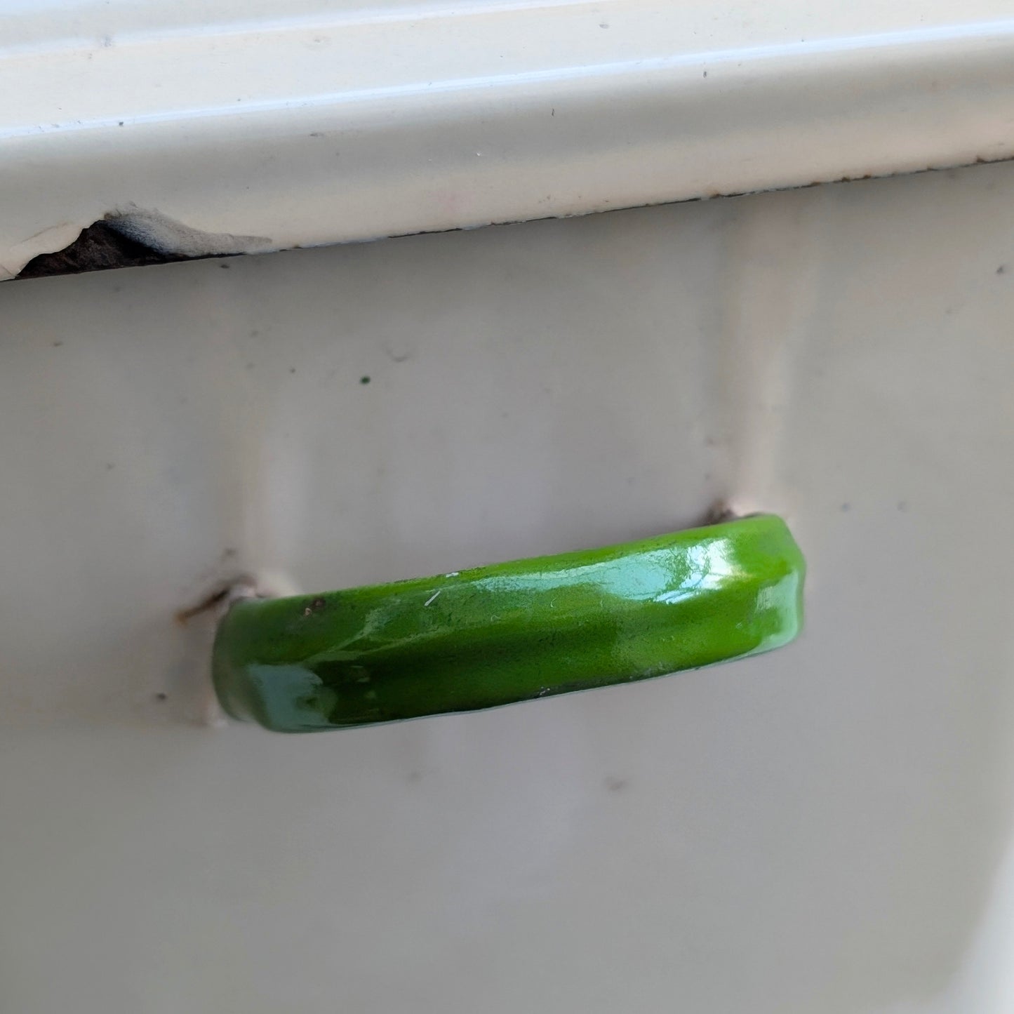 Cream Enamel Bread Bin with Green Handles