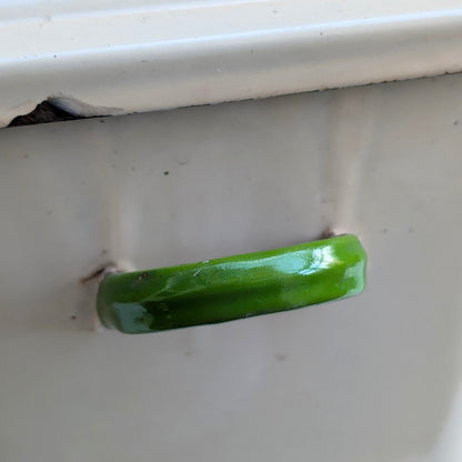 Cream Enamel Bread Bin with Green Handles