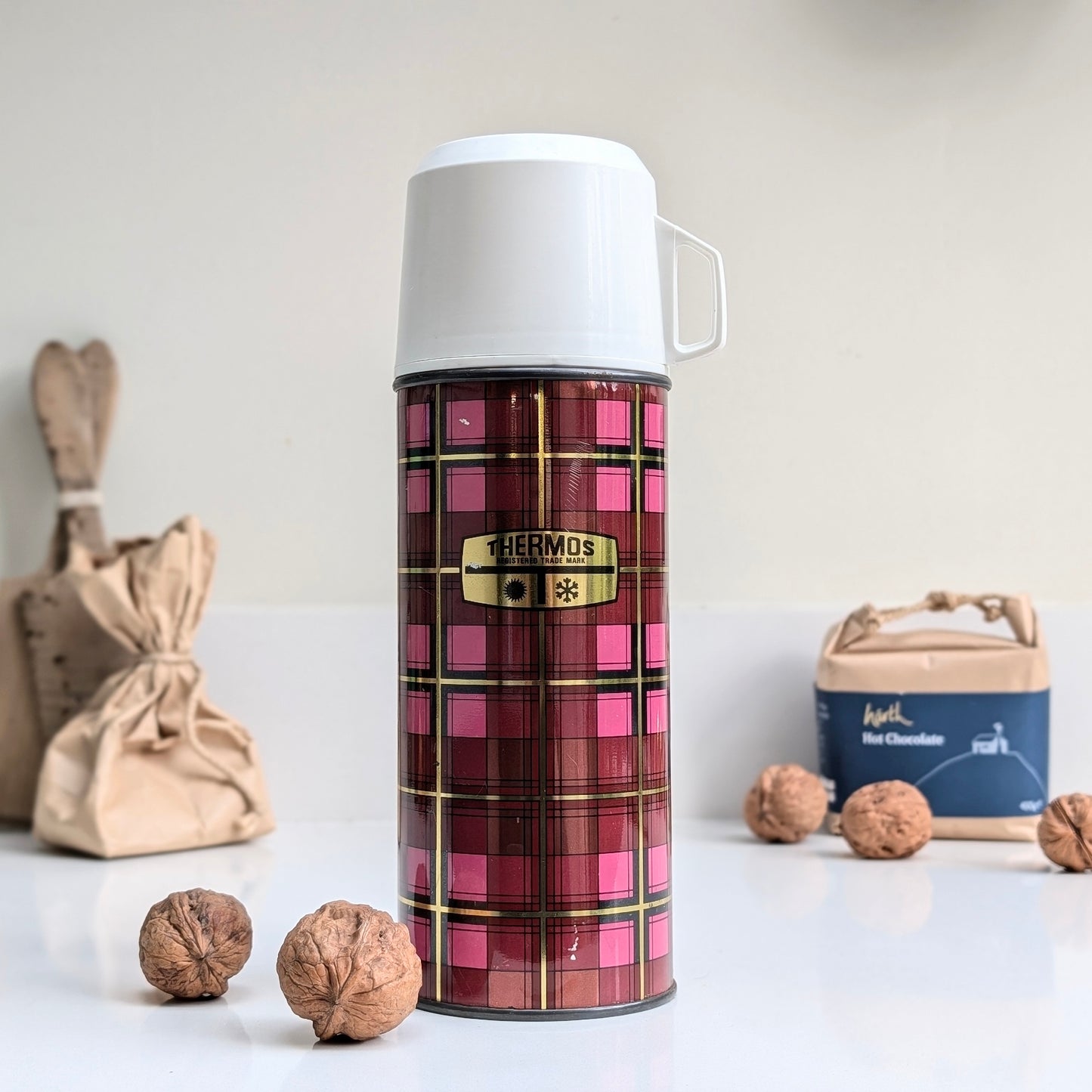 Vintage Thermos Flask - Pink and Red Tartan