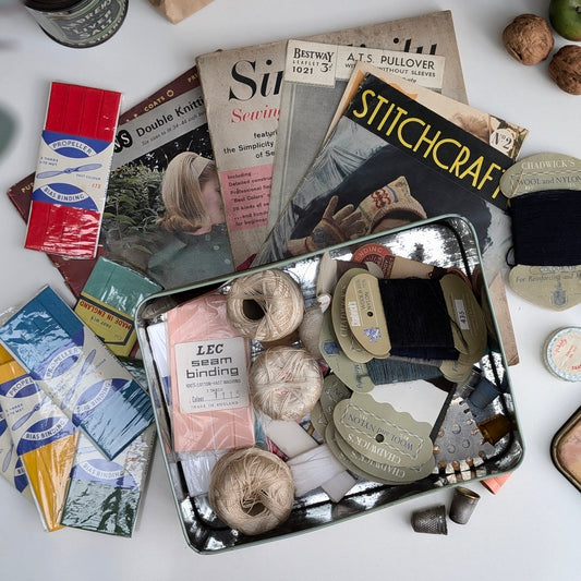 Vintage Sewing Kit Tin with Haberdashery and Sewing Magazines