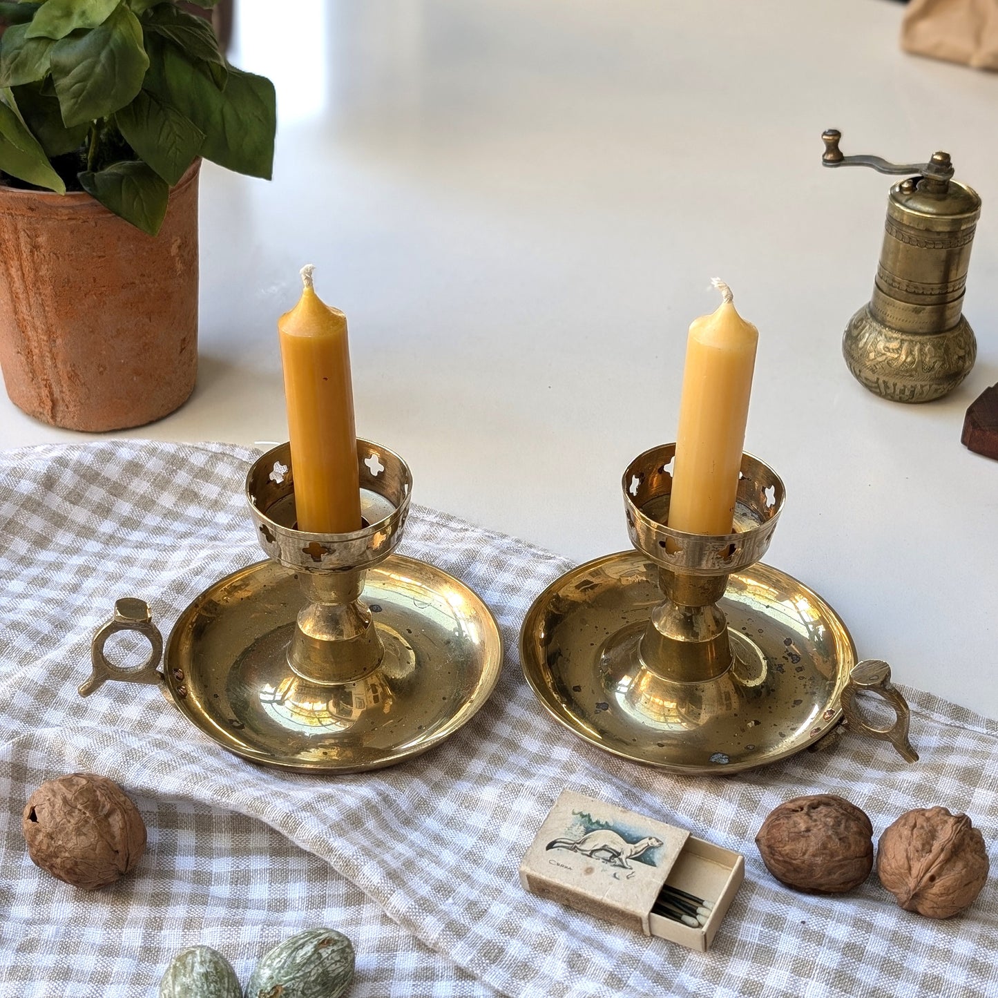 Pair of Brass Candleholders with Cross Detailing