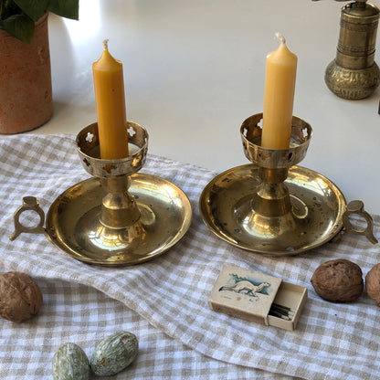 Pair of Brass Candleholders with Cross Detailing
