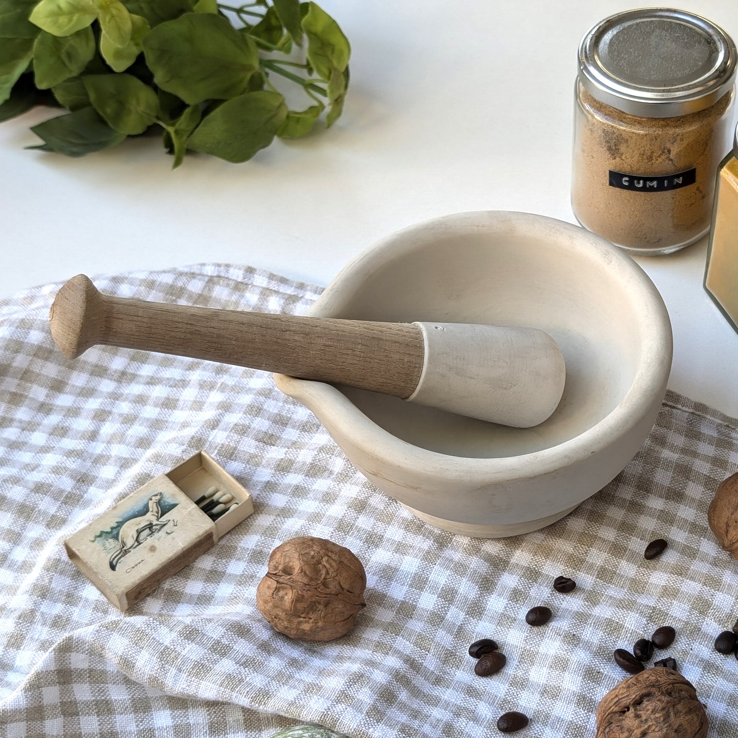 Stone and Wood Pestle and Mortar