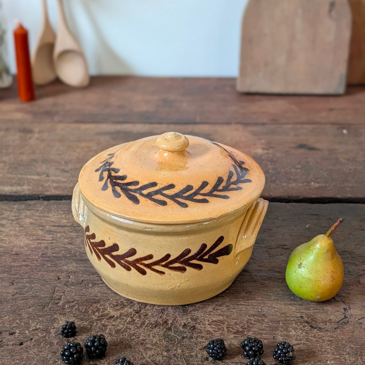 French Glazed Earthenware Lidded Pot with Leaf Design