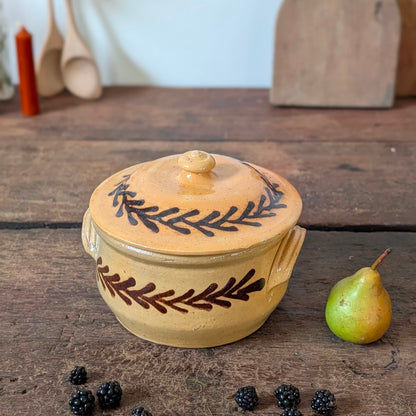 French Glazed Earthenware Lidded Pot with Leaf Design