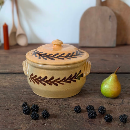 French Glazed Earthenware Lidded Pot with Leaf Design