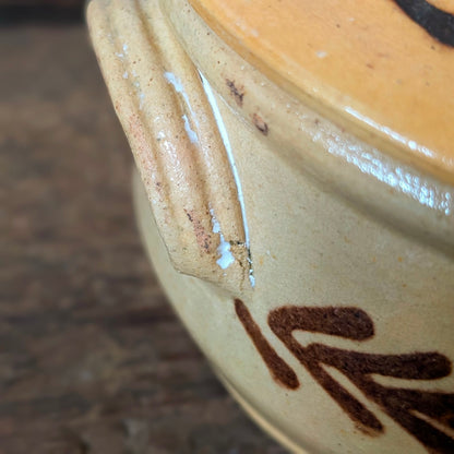 French Glazed Earthenware Lidded Pot with Leaf Design