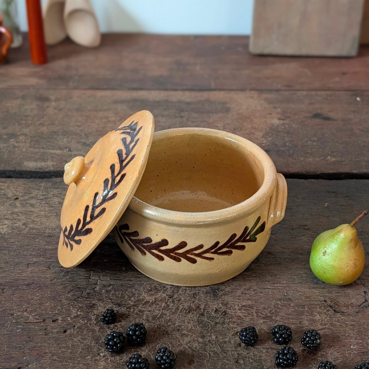 French Glazed Earthenware Lidded Pot with Leaf Design