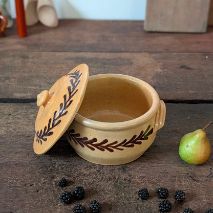 French Glazed Earthenware Lidded Pot with Leaf Design