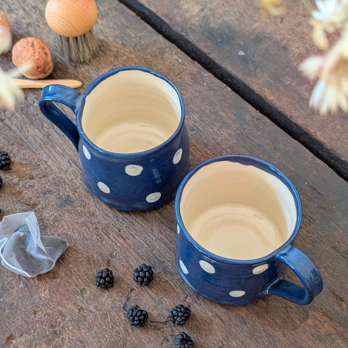 Pair of Navy Polka Dot Studio Pottery Mugs