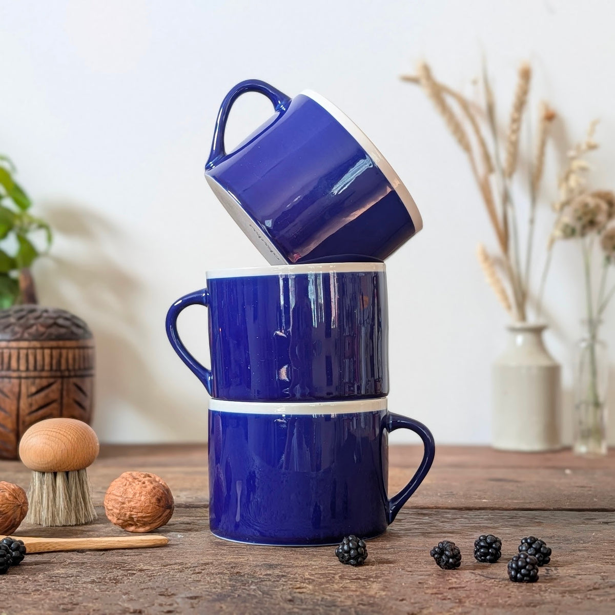 Set of Three Contemporary Nkuku Cobalt Blue Ceramic Mugs